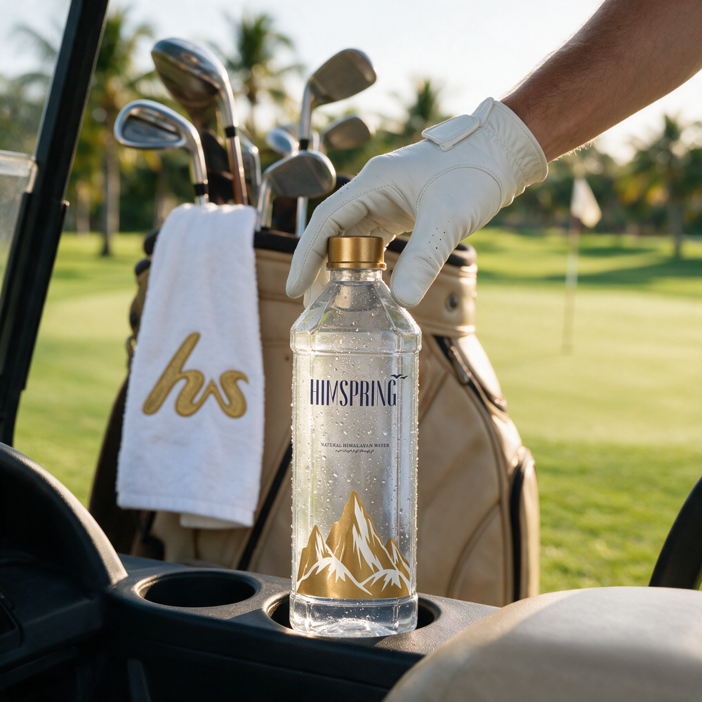 A gloved hand reaching for a Himspring bottle in the cupholder of a golf cart