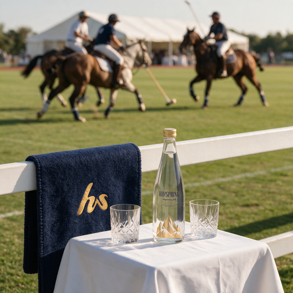 A Himspring bottle and crystal tumblers at the boundary of a polo field, play behind