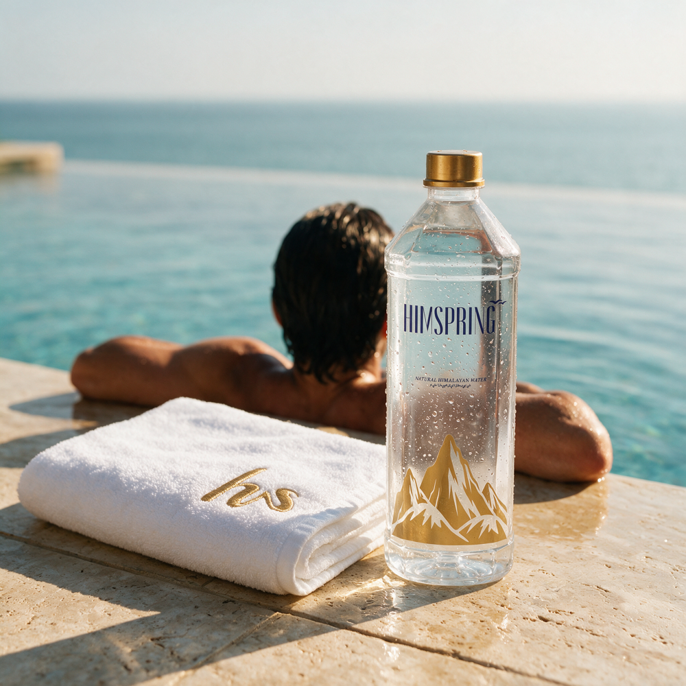 A Himspring bottle and monogrammed towel on the coping of an infinity pool, a swimmer at the edge