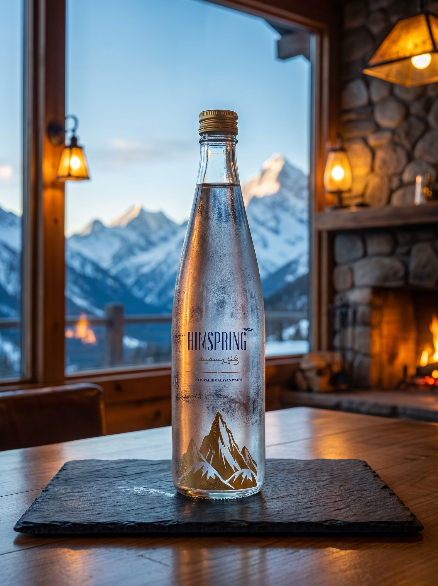 Himspring bottle on slate before a snowy mountain chalet window